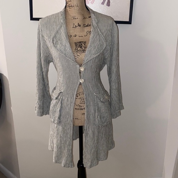 Jackets & Blazers - Crinkle Grey and White Stripe Long Blazer with Pockets